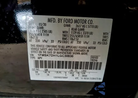 2020 Ford Explorer Xlt из США, поврежденный, VIN 1FMSK7DH1LGC30830